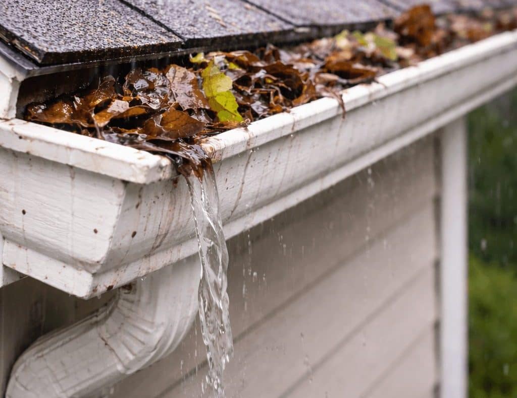 Clogged and overflowing gutter during heavy rain on a home in St Louis MO